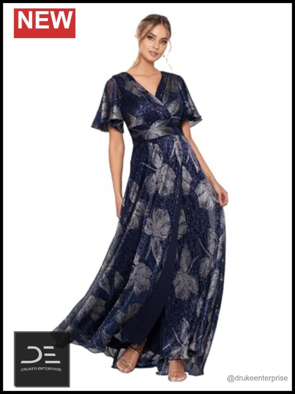 Womens V Neck Flutter Sleeve Metallic Print Flowy Formal Dress